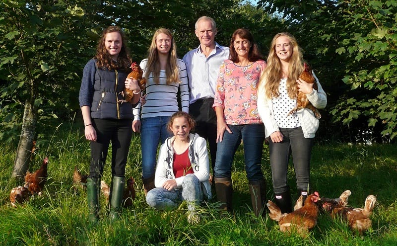 Lizzie, Rachel, David, Helen, Jane and Emily Brass with some of their hens. 
