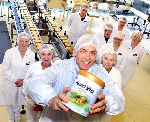Ross McMahon (front) with some of the employees from Kendal Nutricare and the brand new Kendamil Organic product.