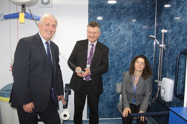 Derek Jones, Mike Starkie and Georgina Ternent at Copeland Pool and Fitness Centre's new disabled changing rooms