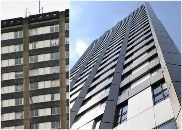 Grenfell Tower before and after the cladding was added to the outside of the building