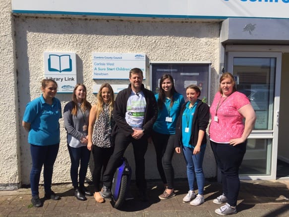 Jonathan Whalley meeting staff at Shadygrove Lane children’s centre in Carlisle on his journey