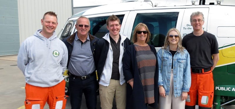 Paramedic Andy Dalton, Colin, Michael, Sue and Katie McCluskey and Dr Andy Barrington