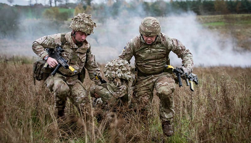 Medics of 3 Medical Regiment at Warcop, Cumbria, train how to rescue a wounded soldier from the battlefield. Photo credit Sgt Jamie Peters RLC