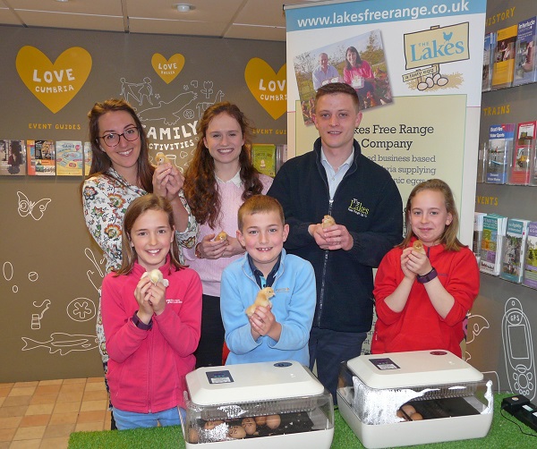 Helen Campion from Rheged with Lizzie Brass and Chris Oglesby from The Lakes Free Range Egg Company with visitors Eliza, Fergus and Holly Finlayson from Dunbar.