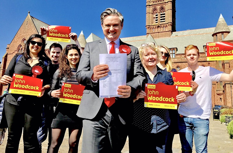 John Woodcock (centre) outside Barrow town hall with supporters and local campaigners (from left) Emily Benn, Tom Railton, Ella Crine, Carmen Sayle, Cassie Curtis-Smith and Sam Brown