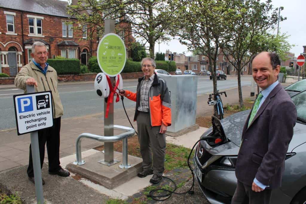 Eleven new electric vehicle charging points have been installed in the Carlisle area. Pictured: Keith Poole, Carlisle City Council City Engineer; Cllr Nigel Christian, Portfolio holder for Environment and Transport and Daniel Heery, Director of Charge My Street