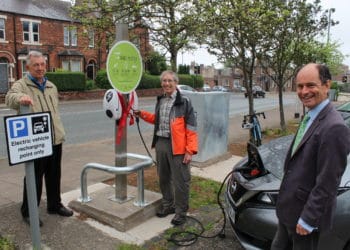 Eleven new electric vehicle charging points have been installed in the Carlisle area. Pictured: Keith Poole, Carlisle City Council City Engineer; Cllr Nigel Christian, Portfolio holder for Environment and Transport and Daniel Heery, Director of Charge My Street