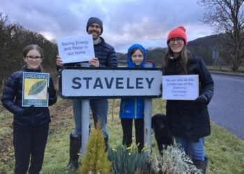 The Muir family – mum Fran, dad Alistair and daughters Amelie and Olivia, and Wilbur the dog – took part in The Greening Campaign in Staveley