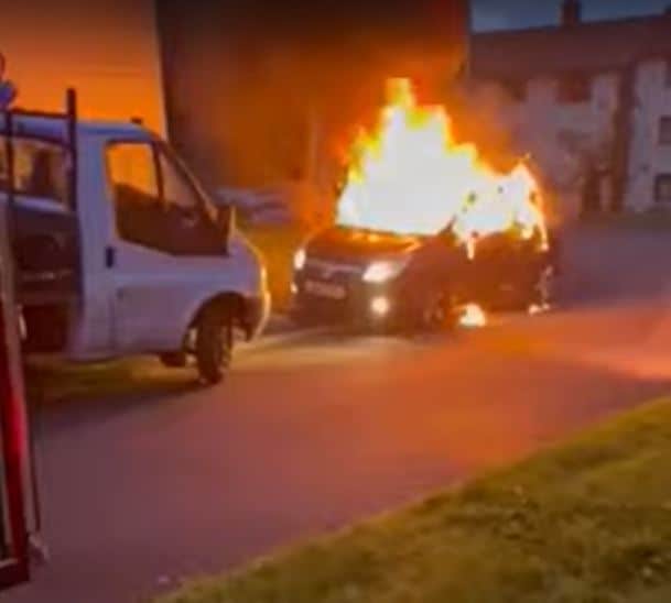 Dramatic video footage shows a car engulfed in flames in Brampton. 