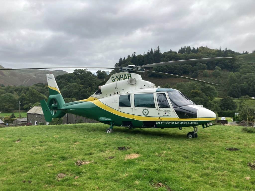 The Great North Air Ambulance at Glenridding during the rescue of Toby Austin, who suffered a cardiac arrest climbing Helvellyn last September
