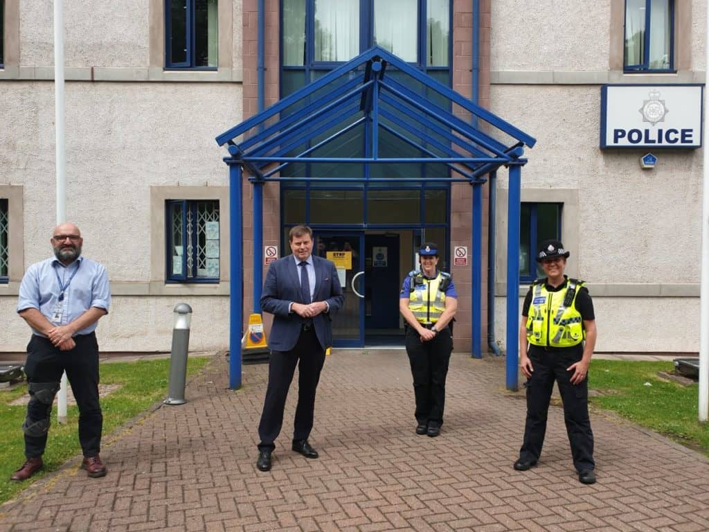 Mitchell Franks, Peter McCall, Alison Renney, Gaynor Wardle outside Workington police station
