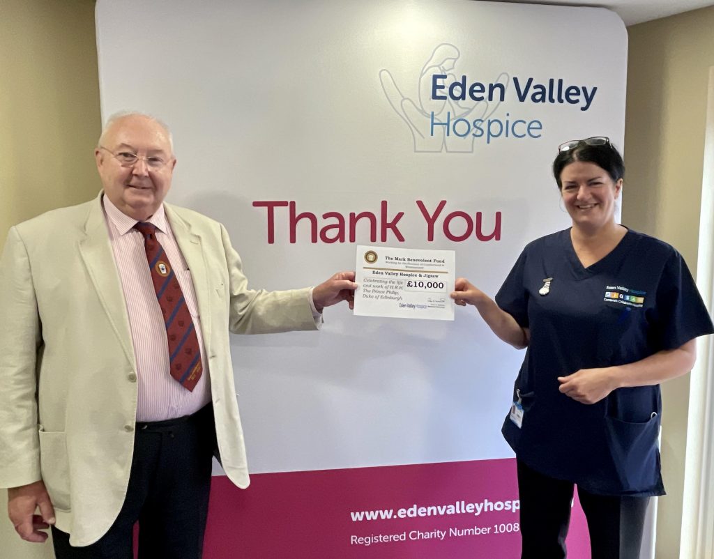 Staff and volunteers at Eden Valley Hospice and Jigsaw are celebrating receiving a grant from the Mark Master Masons of Cumberland & Westmorland wholly funded by its charity, the Mark Benevolent Fund.
