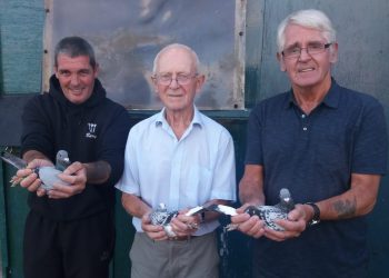 Billy Cottier centre with the Fed winner. Barry Patrickson left and Willie Henderson right with the other two birds in the Fed top 10. They were first, second and third in Sandwith club.