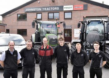 At Johnston Tractors' Penrith base are Richard Morton, Fendt specialist; Kevin Reid, branch parts manager; David Whitfield, branch service foreman; Samuel Carruthers, service apprentice; Jonathan Robinson, service technician; and Tom Johnston, operations manager.