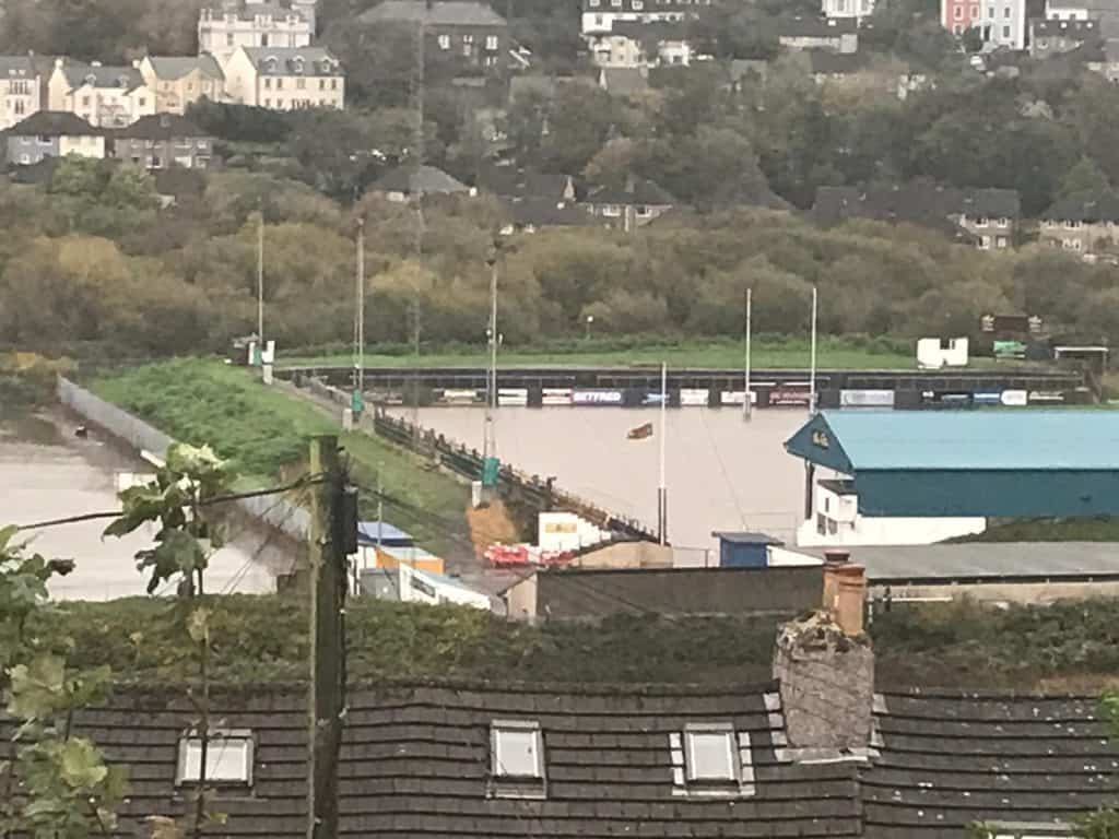 Earlier today, a keen photographer snapped Whitehaven Rugby League club’s ground, the LEL Arena (formerly the Recreation Ground) and neighbouring Whitehaven Miners football club pitch, which are both completely underwater.