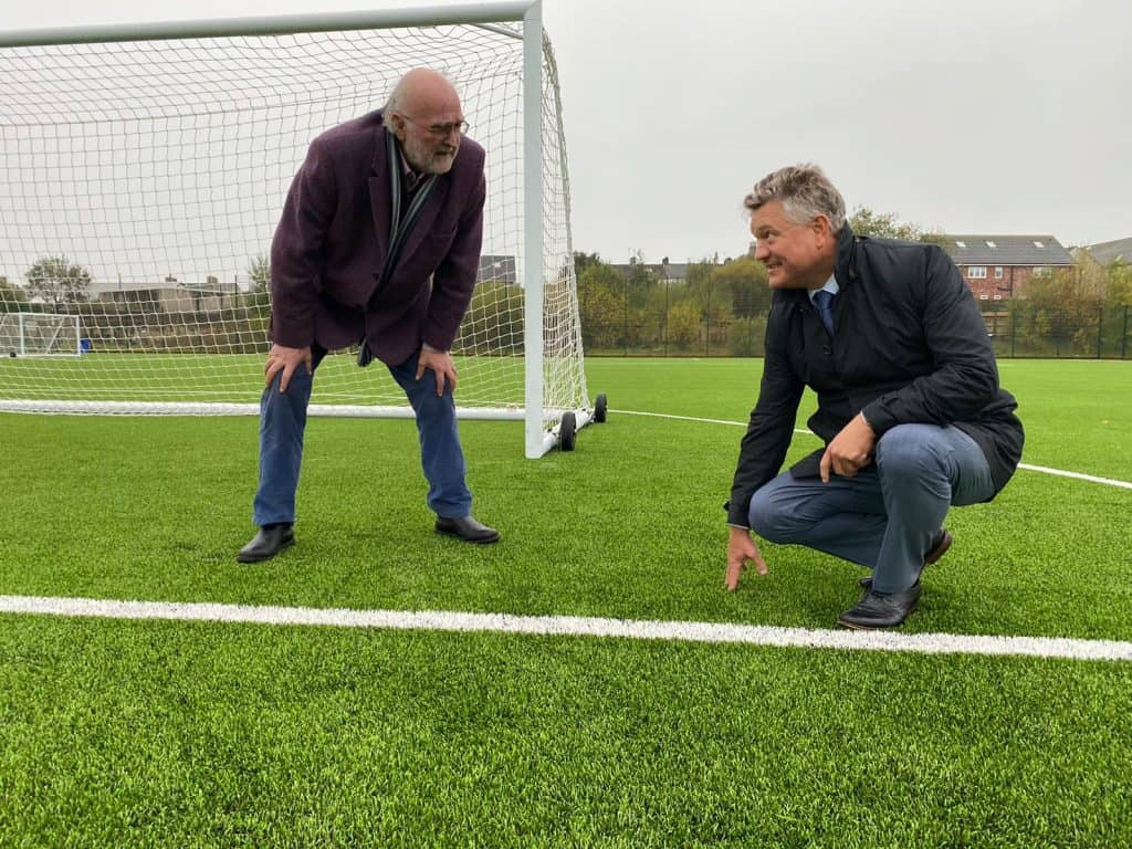Copeland mayor Mike Starkie inspects the new 3G pitch at Cleator Moor Activity Centre