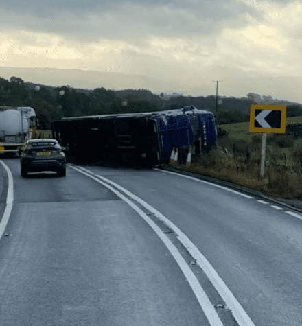 The A66 is blocked in both directions due to an overturned lorry. 