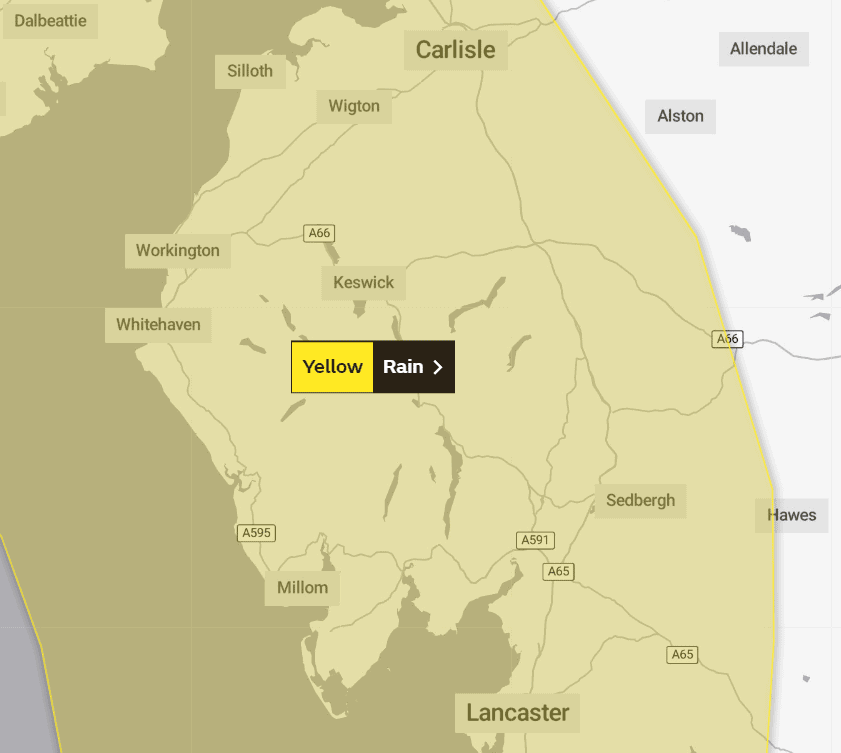 A Met Office weather warning for rain has been issued for the whole of Cumbria. 