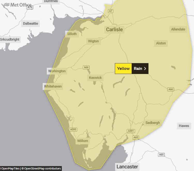 Met Office Weather warning for rain for Cumbria