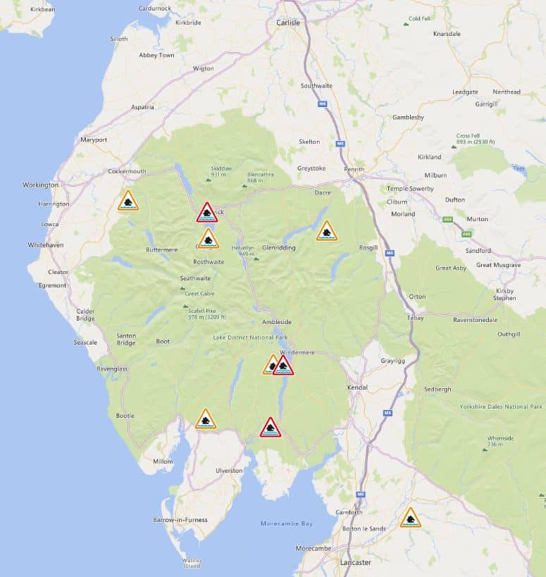 Three flood warnings and six alerts are in force in Cumbria as the county recovers from torrential downpours at the weekend. 