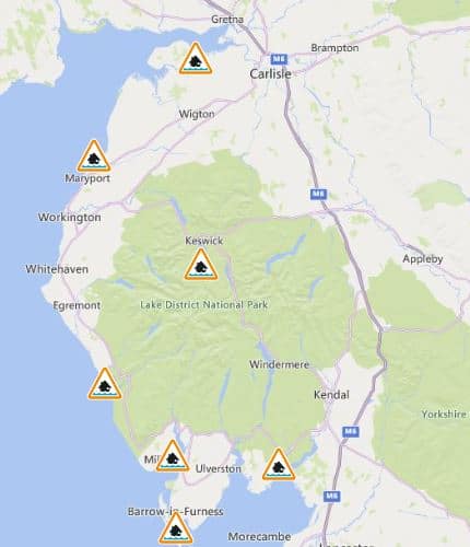 Seven flood alerts are in force in Cumbria.