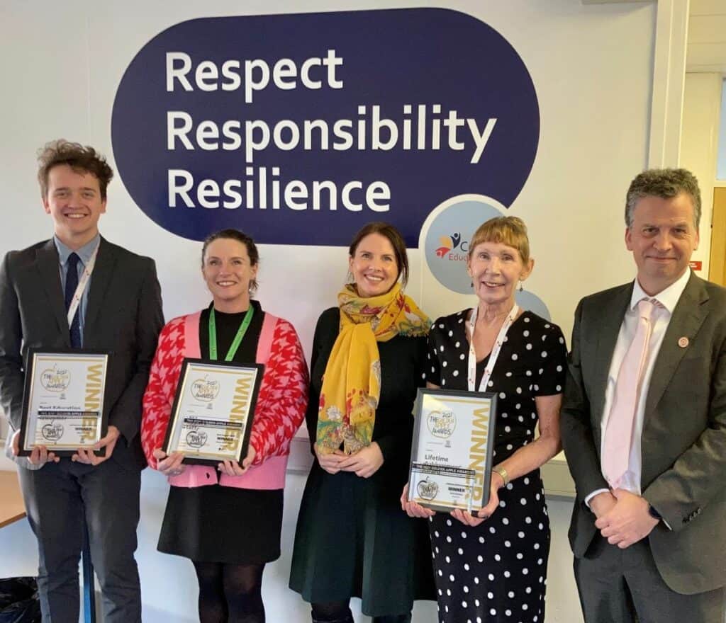 Left to right: Oliver Stewart, Dawn Burkinshaw, Trudy Harrison MP, Beth Rothery and Headteacher Nigel Youngman