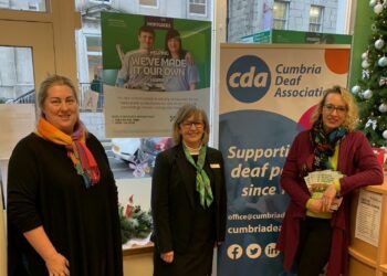 (Left to Right) Caroline Howsley (Manager of Cumbria Deaf Association), Tricia Dixon (Kendal Branch Manager, Yorkshire Building Society) and Greer Shepherd (Administration Coordinator, Cumbria Deaf Association) taken in the Yorkshire Building Society, Kendal