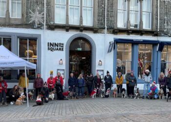 Lake District Hotels Ltd held a free festive dog walk. Pictured are the dog walkers outside the hotel group's Inn on the Square