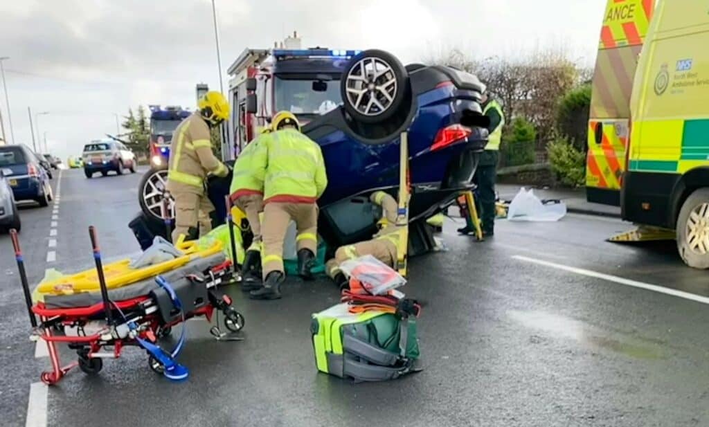 A woman was hanging upside down from her seatbelt after a crash on Moorhouse Road, Carlisle. Picture: Carlisle East Fire Station