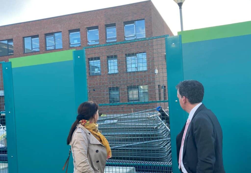 Trudy Harrison MP and Headteacher Nigel Youngman view the progress of the Whitehaven Academy new-build