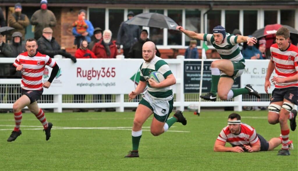 Mason Lewthwaite made a lot of ground leading to the third try but went off injured after this run with Mike Fearon hurdling behind. Picture: David Nattrass