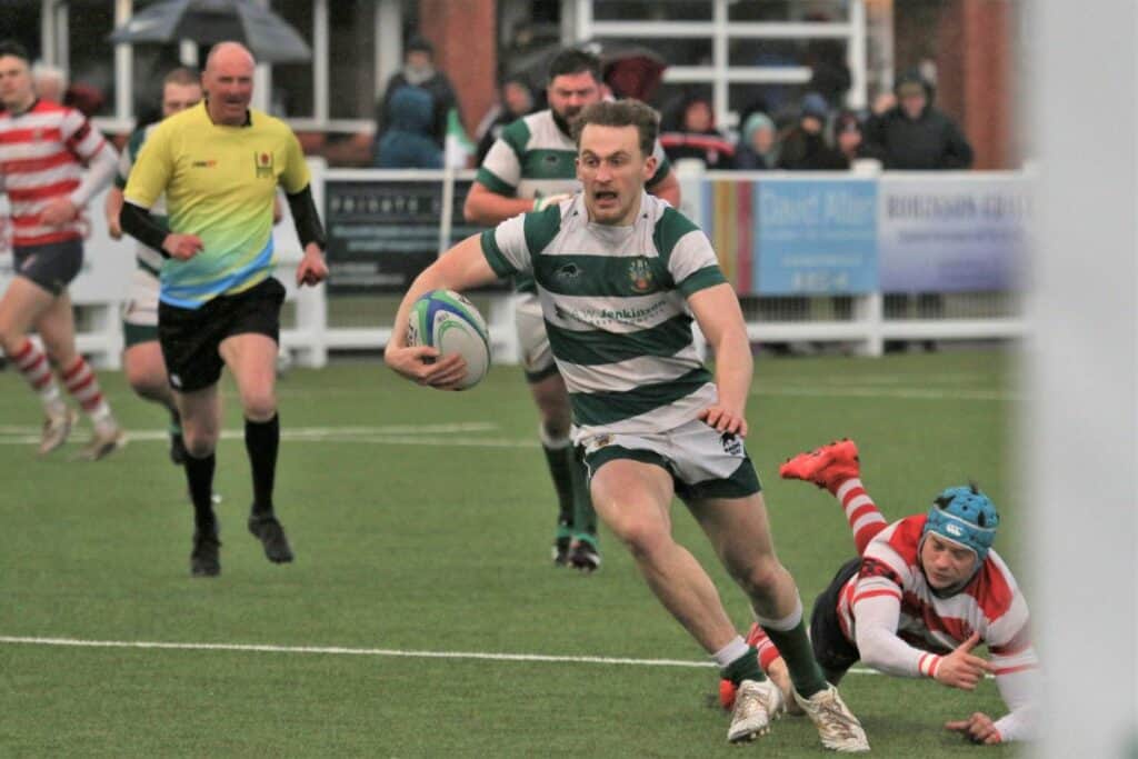 Matthew Boustead skipping through defenders which he did several times during the match, this time to score Penrith's second try. Picture: David Nattrass