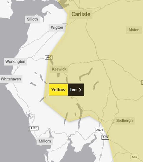 The Met Office yellow weather warning for ice has been issued for large parts of Cumbria with only West Cumbria, the Solway Coast and parts of South Cumbria outside the warning zone (pictured).