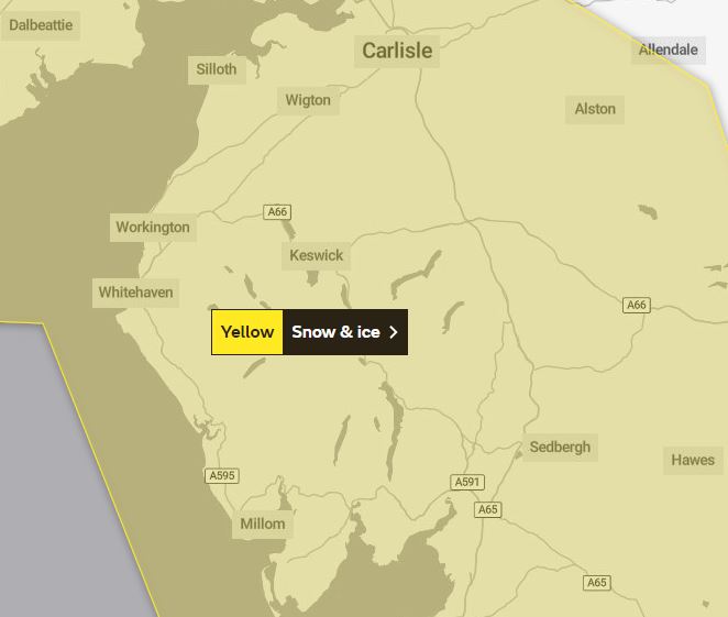 A Met Office yellow weather warning for snow and ice has been issued for Cumbria