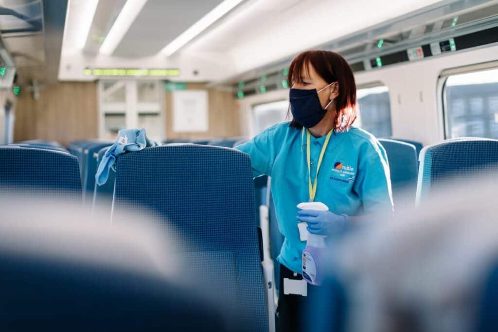 Cleaning teams for TransPennine Express have spent the equivalent of 22 years during the past 10 months ensuring services and stations are kept as clean and safe as possible. Pictured is a member of the team cleaning a train 