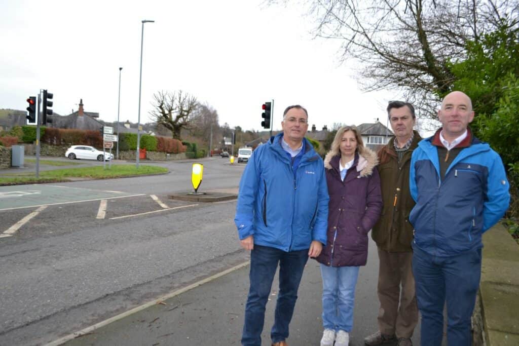 Councillors Jonathan Brook, Helen Ladhams, Doug Rathbone, Eamonn Hennessy on Burton Road. They have joined together to start a petition tackling the problem of a "dangerous" junction