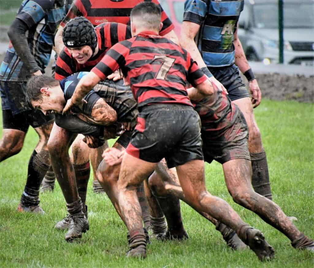 Dylan Cromwell and Devan Sharp block the Hull charge. Picture: Ben Challs