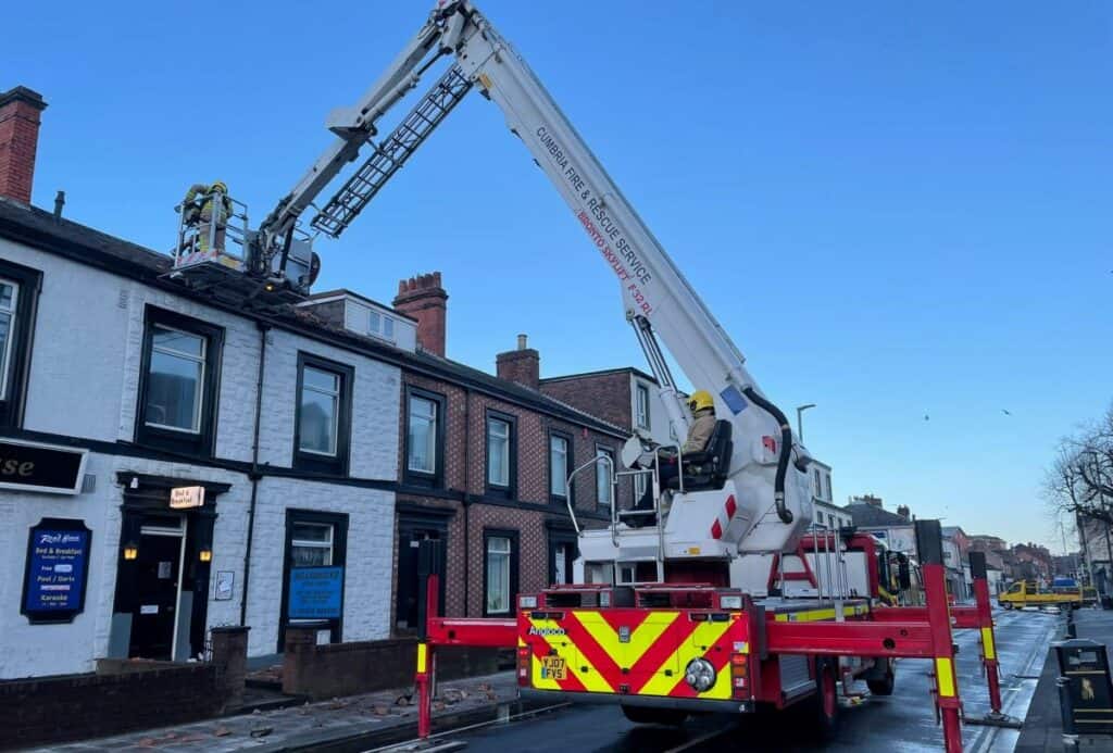 A section of London Road in Carlisle is closed after a chimney stack collapsed due to Storm Franklin. Carlisle East Fire Station worked to resolved the issue and provided the picture