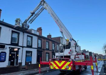 A section of London Road in Carlisle is closed after a chimney stack collapsed due to Storm Franklin. Carlisle East Fire Station worked to resolved the issue and provided the picture