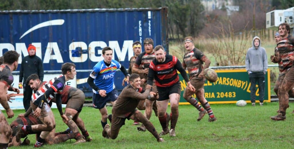 Mudlark Jack Clegg throws out a pass for Aspatria. Picture: Barney Clegg