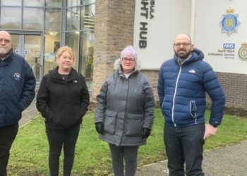 L-R: Cllr Andrew Butcher, Cllr Amanda Rigg, Cllr Helen Irving, and Simon Fell MP. They are working to tackle speeding in Ulverston