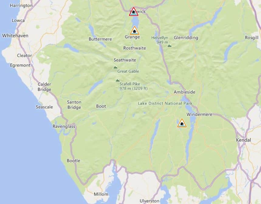 A map of the Environment Agency flood warning and alerts in force on February 14 in Cumbria. A warning is in force at Keswick Campsite, while flood alerts are in place at the Upper River Derwent, Stonethwaite Beck and Derwentwater and for Rivers Brathay, Rothay and Winster.