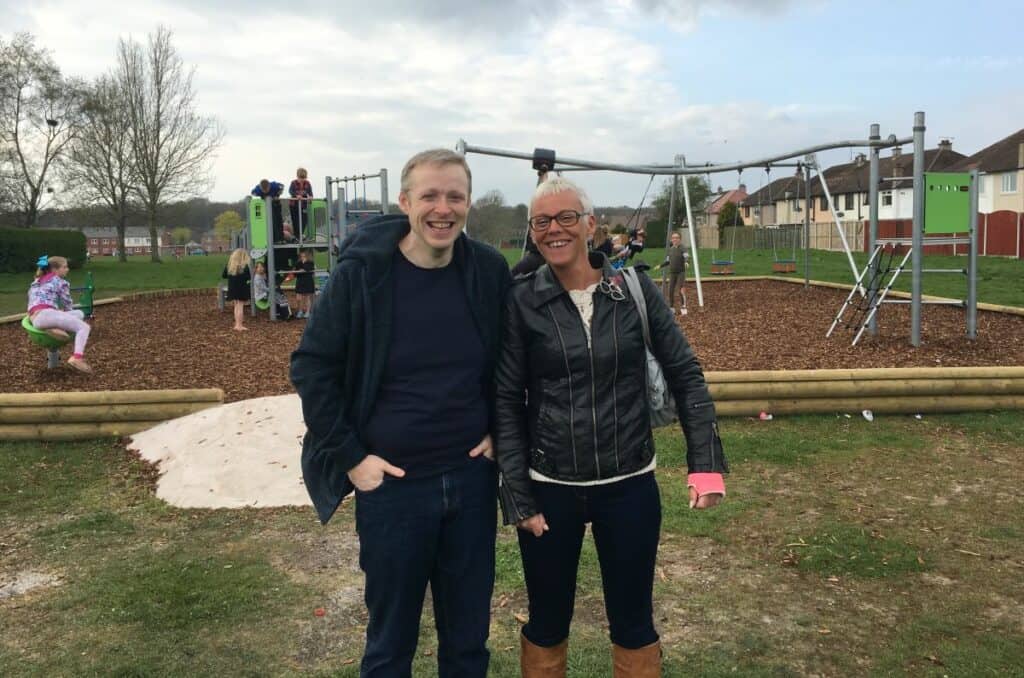 Cllr Gareth Ellis and local resident and campaigner Melissa Andrews at Belah Park play area