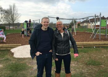 Cllr Gareth Ellis and local resident and campaigner Melissa Andrews at Belah Park play area
