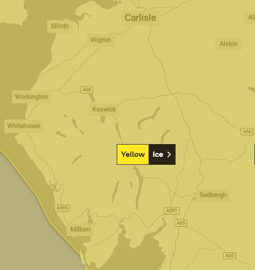 The Met Office has issued a weather warning for ice in Cumbria. A map shows the area affected by the warning, which is the whole of Cumbria