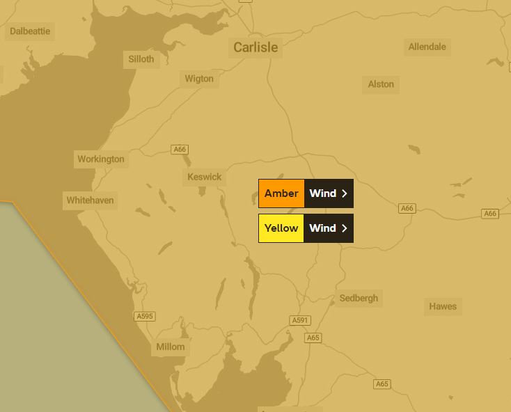 An Amber weather warning for wind issued for Cumbria. A map shows the area affected by the warning, which is the whole of Cumbria