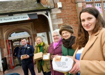 People gather outside Penrith North Lakes station to mark the renaming of the West Coast Mainline to the West Coast Marmalade Line. Pictured left to right: Stephen Martin (Avanti West Coast Team Leader at Penrith); Jane Hasell-McCosh (Founder of Dalemain Marmalade Awards); Doreen Cameron (Marmalade Awards judge); Lady Elizabeth Leeming (Hospice at Home President); Emily Green (Dalemain Mansion)