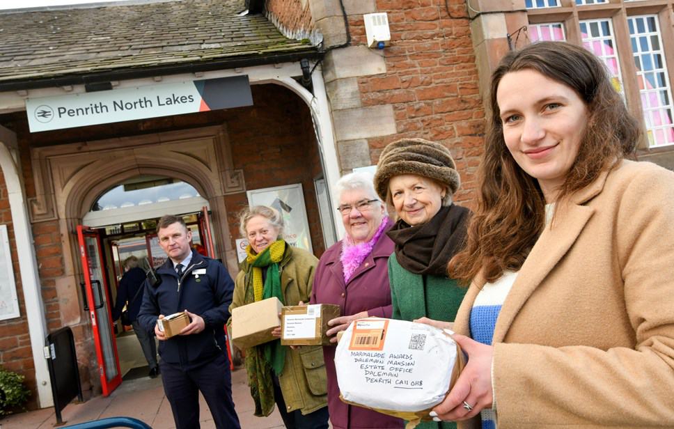 Pictured at Penrith North Lakes station are L-R: Stephen Martin (Avanti West Coast Team Leader at Penrith); Jane Hasell-McCosh (Founder of Dalemain Marmalade Awards); Doreen Cameron (Marmalade Awards judge); Lady Elizabeth Leeming (Hospice at Home President); Emily Green (Dalemain Mansion)