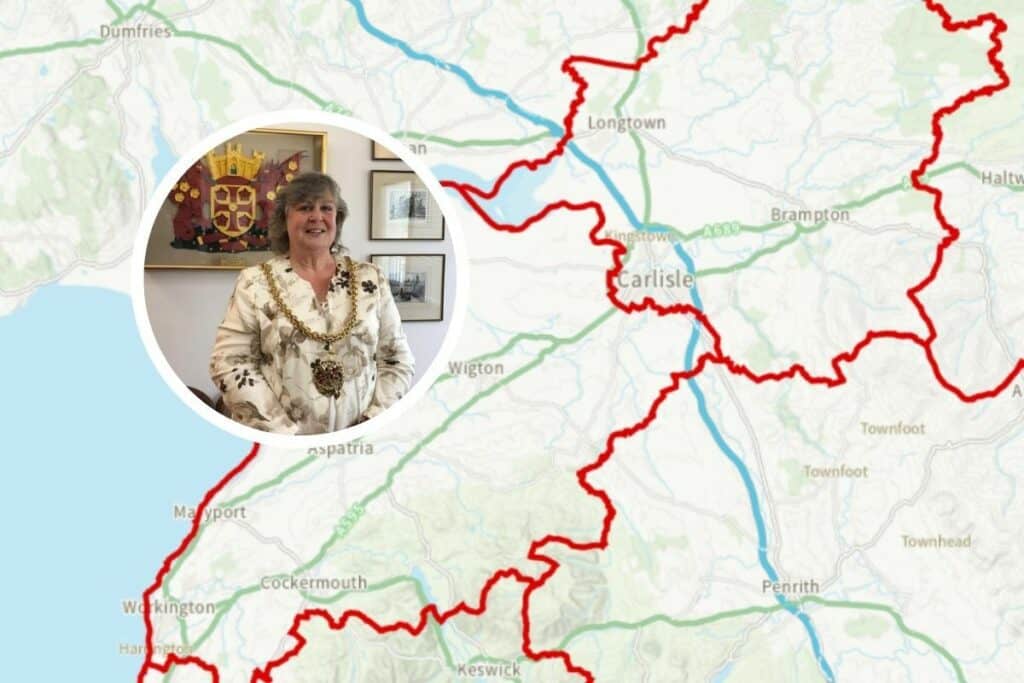 Mayor of Carlisle Pamela Birks (inset) is not in favour of the Boundary Commission's proposed changes to Parliamentary divisions - which would see parts of the district in the Workington constituency