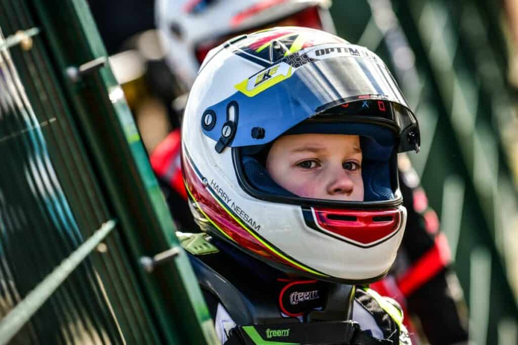 Harry Neesam, who lives in Braystone, in his karting helmet.